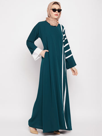 Nabia Women Bottle Green & White Solid A-line Nida Matte Fabric Abaya Burqa With Black Georgette Scarf