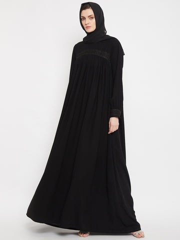 Nabia Women Black Solid Lace Maxi Abaya Dress With Georgette Scarf
