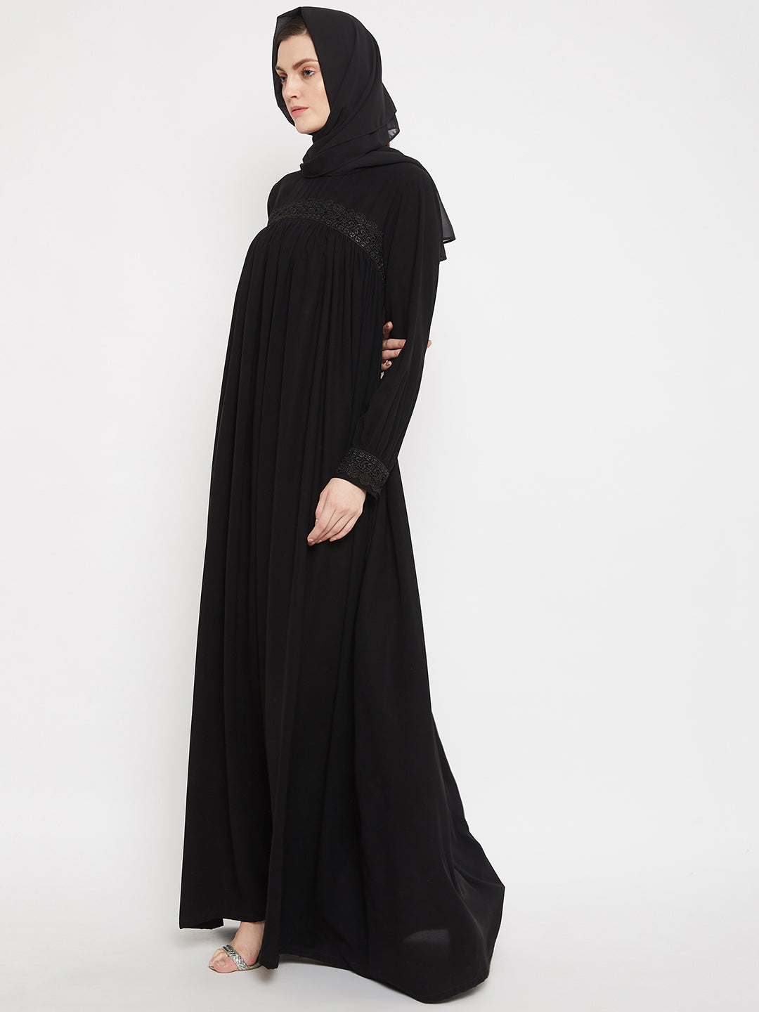 Nabia Women Black Solid Lace Maxi Abaya Dress With Georgette Scarf