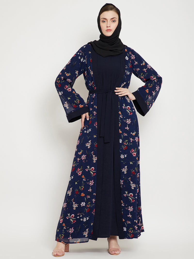 Nabia Women Blue Floral Printed  Shrug Attached Casual Abaya With Georgette Scarf
