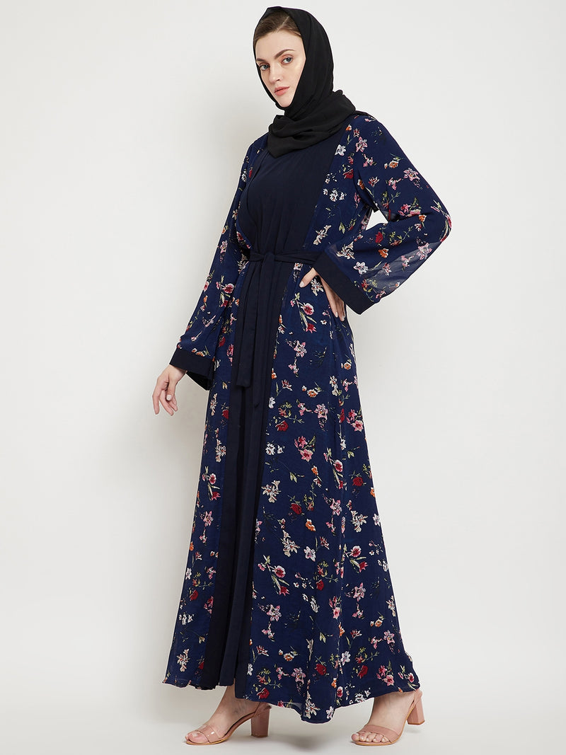 Nabia Women Blue Floral Printed  Shrug Attached Casual Abaya With Georgette Scarf