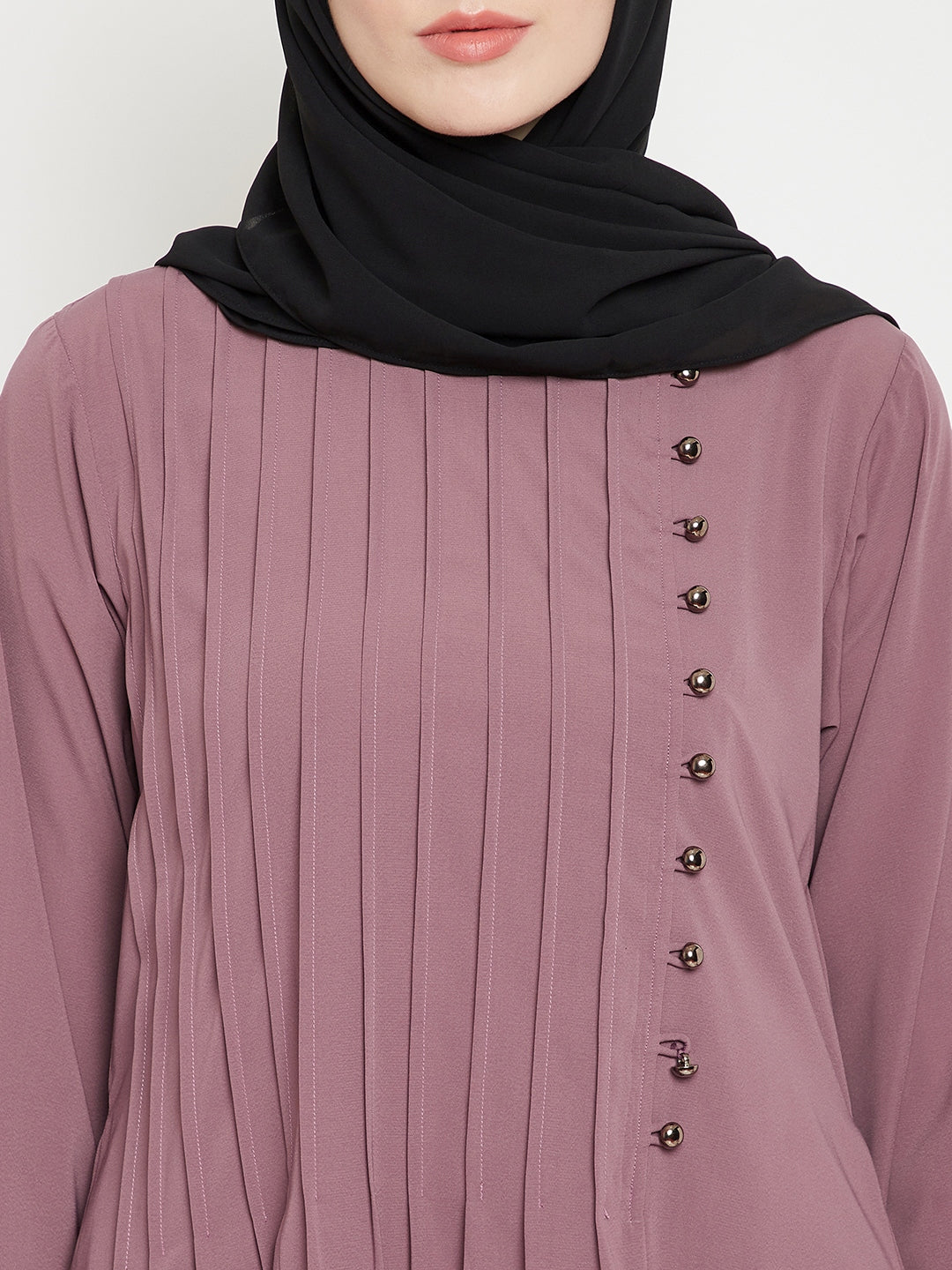 Nabia Puse Pink Solid Side Plate Abaya Dress with Georgette Scarf