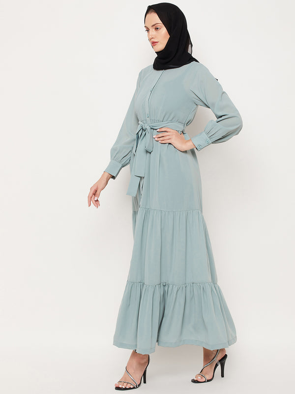 Nabia Sea Green Frilled Nida Matte Fabric Women Abaya With Georgette Scarf