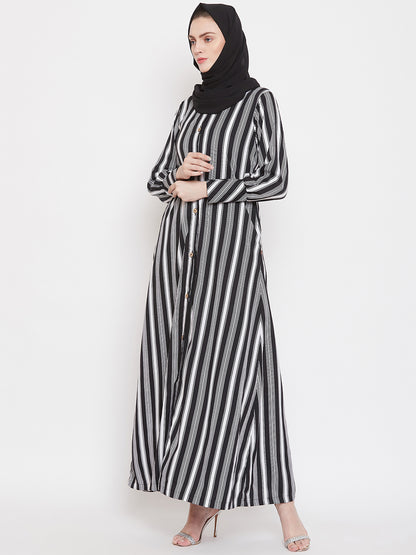 Nabia Women Black Front Open Striped Abaya With Georgette Scarf