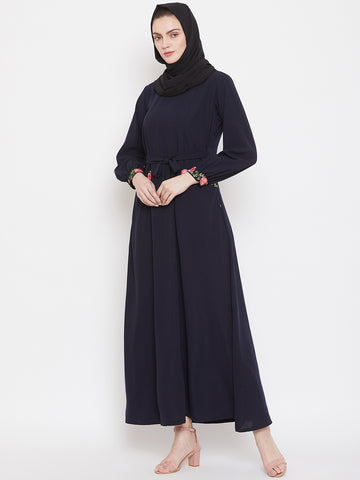 Nabia Women Blue Embroidery Nida Matte Fabric Abaya With Georgette Scarf