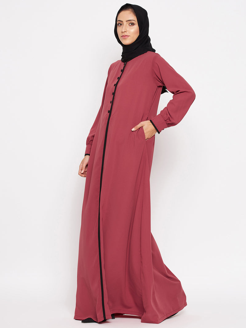 Nabia Women Rust Solid Piping Design Abaya Burqa With Georgette Scarf
