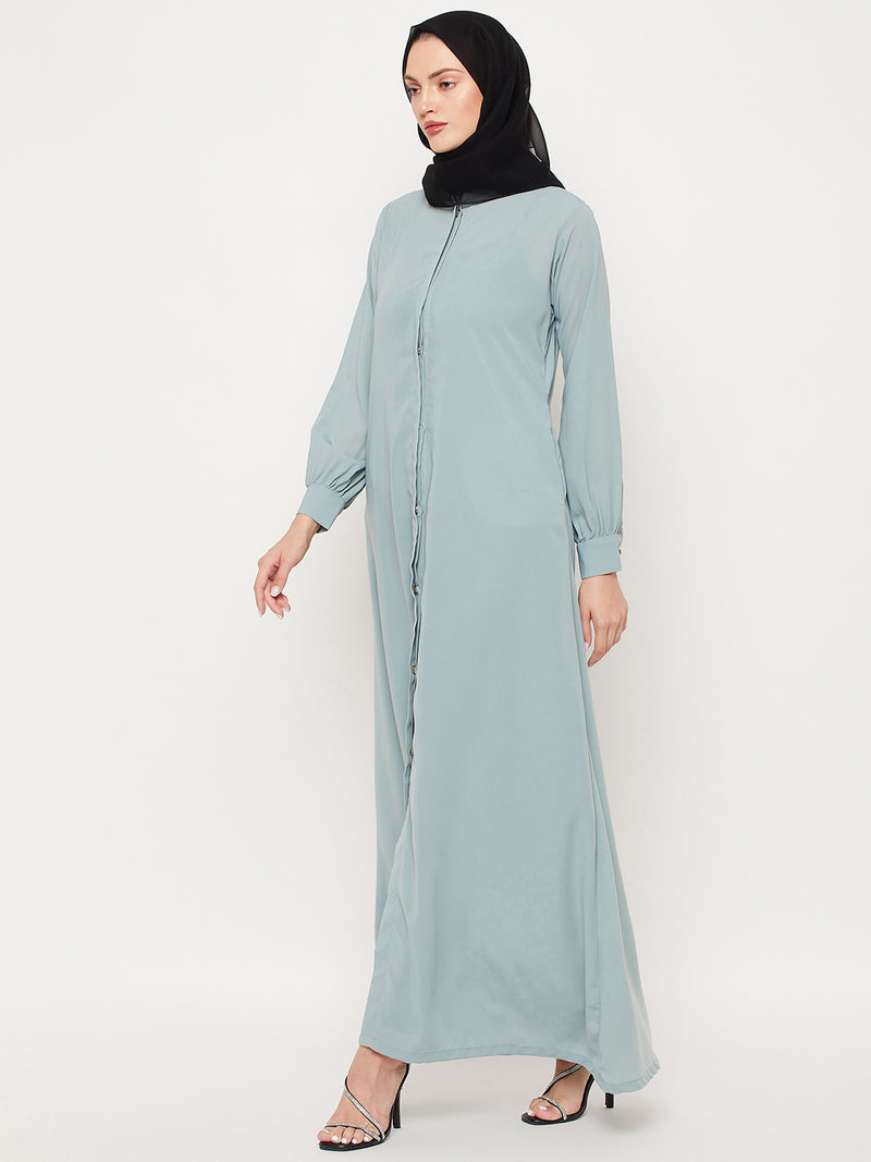 Nabia Sea Green Nida Mate Fabric Front Open Abaya With Georgette Scarf