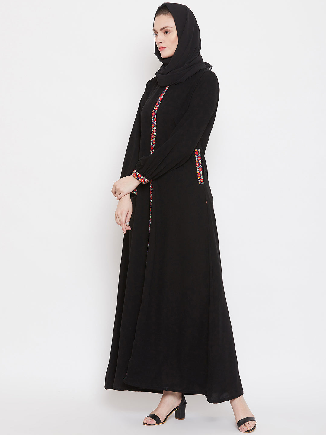 Nabia Women  Black Chikan Hand Embroidery Nida Matte Fabric  Abaya with Georgette Scarf