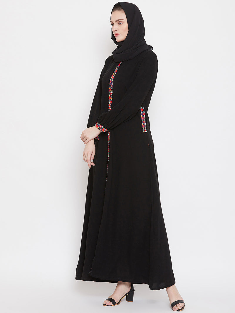 Nabia Women  Black Chikan Hand Embroidery Nida Matte Fabric  Abaya with Georgette Scarf