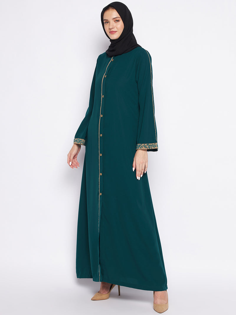 Nabia Bottle Green Nida Matte Fabric Front Open Abaya For Women With Georgette Scarf