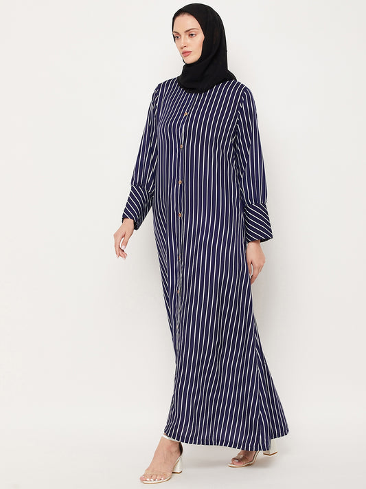 Nabia Blue Striped Front Open Women Abaya with Georgette Scarf