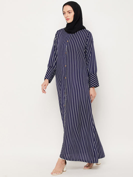 Nabia Blue Striped Crape Front Open Women Abaya With Georgette Scarf