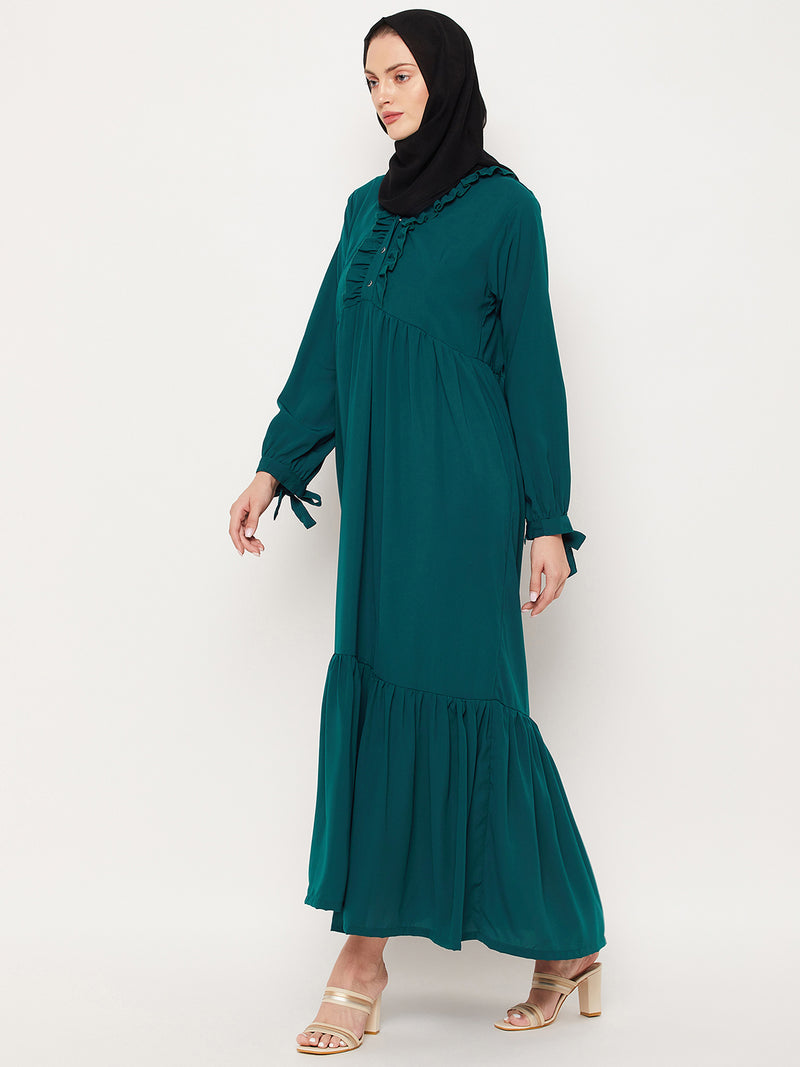 Nabia Bottle Green Ruffle Design Nida Matte Fabric Women Abaya With Georgette Scarf