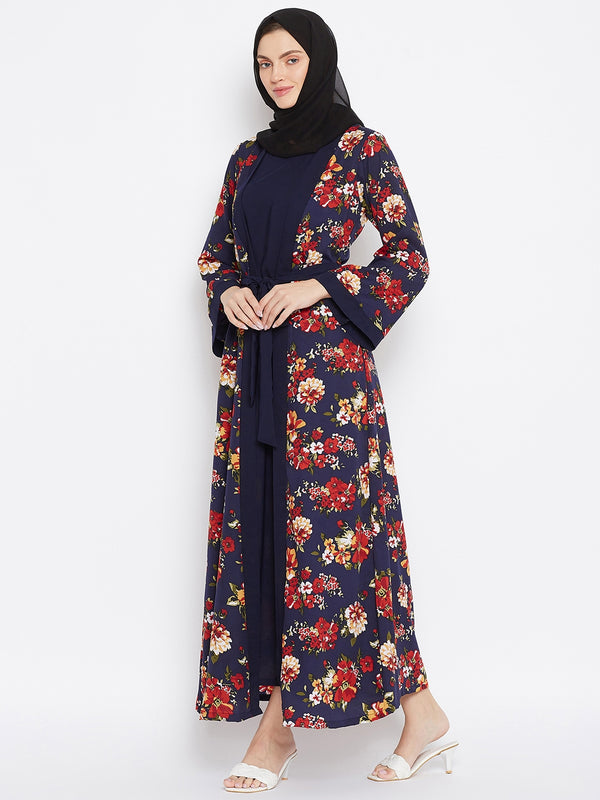 Nabia Women Blue & Red Floral Printed Shrug Attached Casual Abaya With Georgette Scarf
