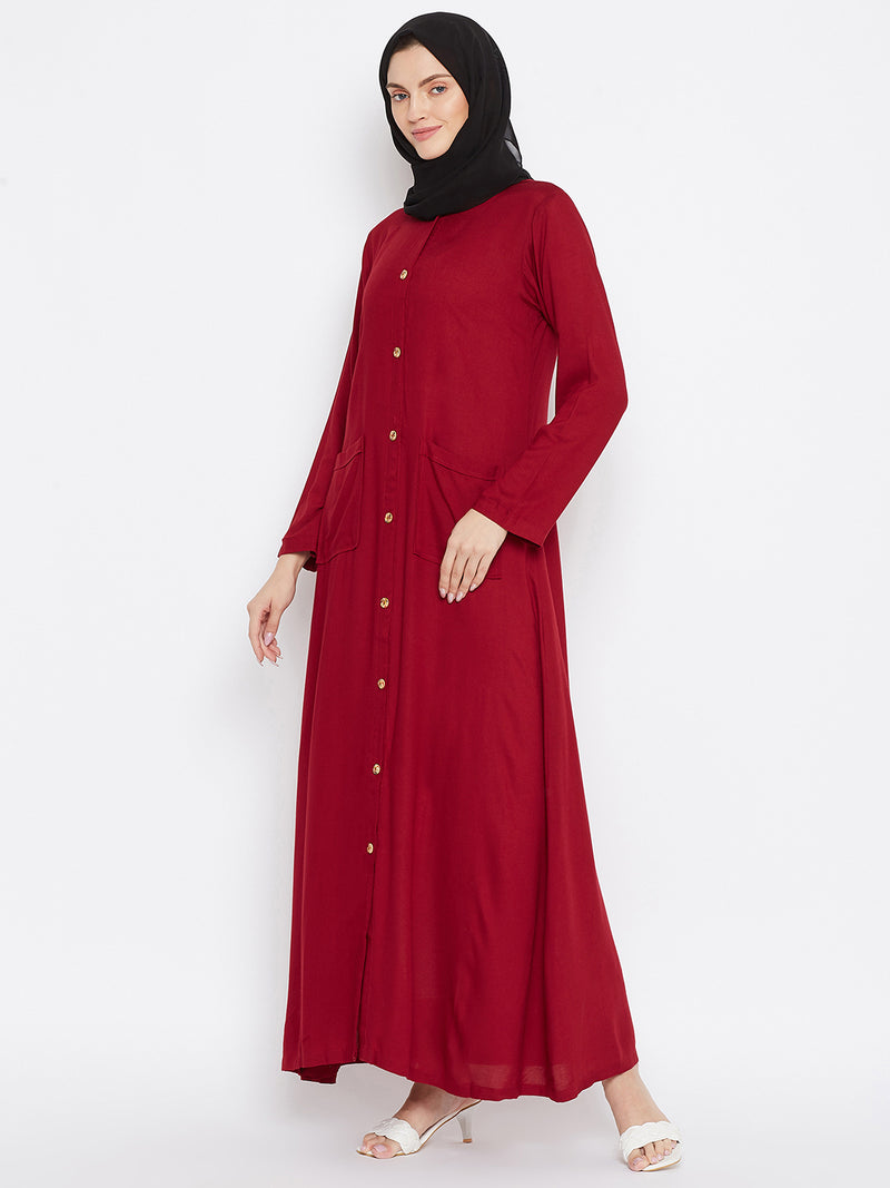 Nabia Women Maroon Rayon Front Open Abaya with Georgette Scarf