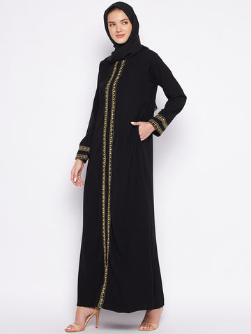 Nabia Black Solid Nida Matte Fabric Abaya For Women With Georgette Scarf