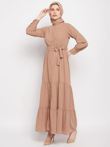 Nabia Women Beige Solid Frill Abaya Burqa with Black Georgette Scarf