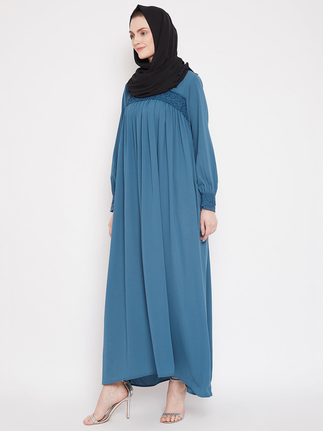 Nabia  Women Sky Blue Solid Lace Maxi Abaya Dress With Georgette Scarf
