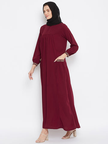Nabia Women Maroon Pocket Embroidery Nida Matte Fabric Abaya with Georgette Scarf