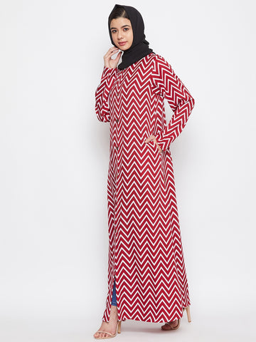 Nabia Women Red & White Printed Crepe Front Open Abaya Dress With Georgette Scarf