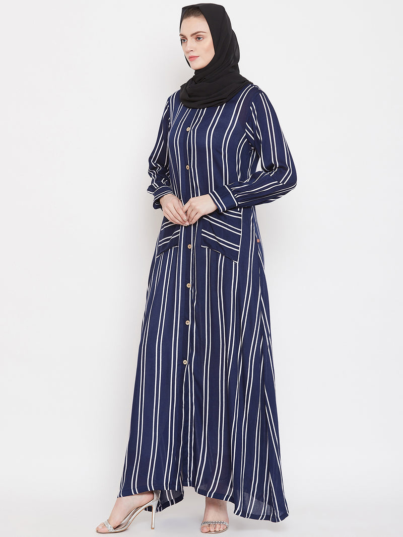 Nabia Women Blue Rayon Fabric Front Open Striped Abaya With Georgette Scarf