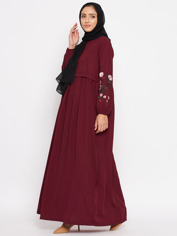 Nabia Women Maroon Chikan Hand Embroidery Design  Abaya With Georgette Scarf