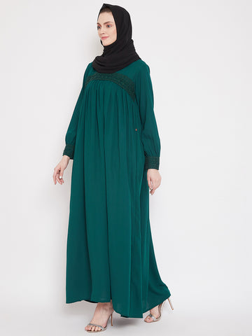 Nabia  Women Green Solid Lace Maxi Abaya Dress Abaya With Georgette Scarf