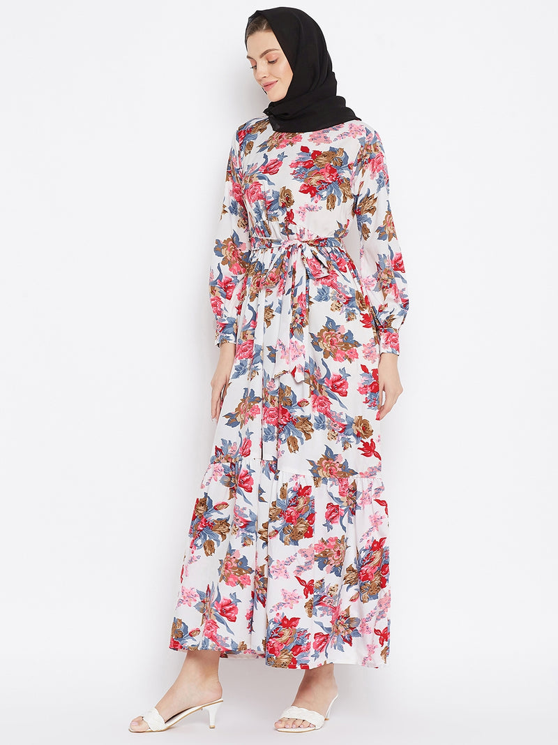 Nabia Women White Floral Printed Crepe Two Frill Abaya Dress  With Georgette Scarf