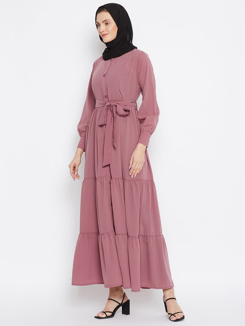 Nabia Women Pink Solid Front Open Three Frilled  Abaya With Georgette Scarf