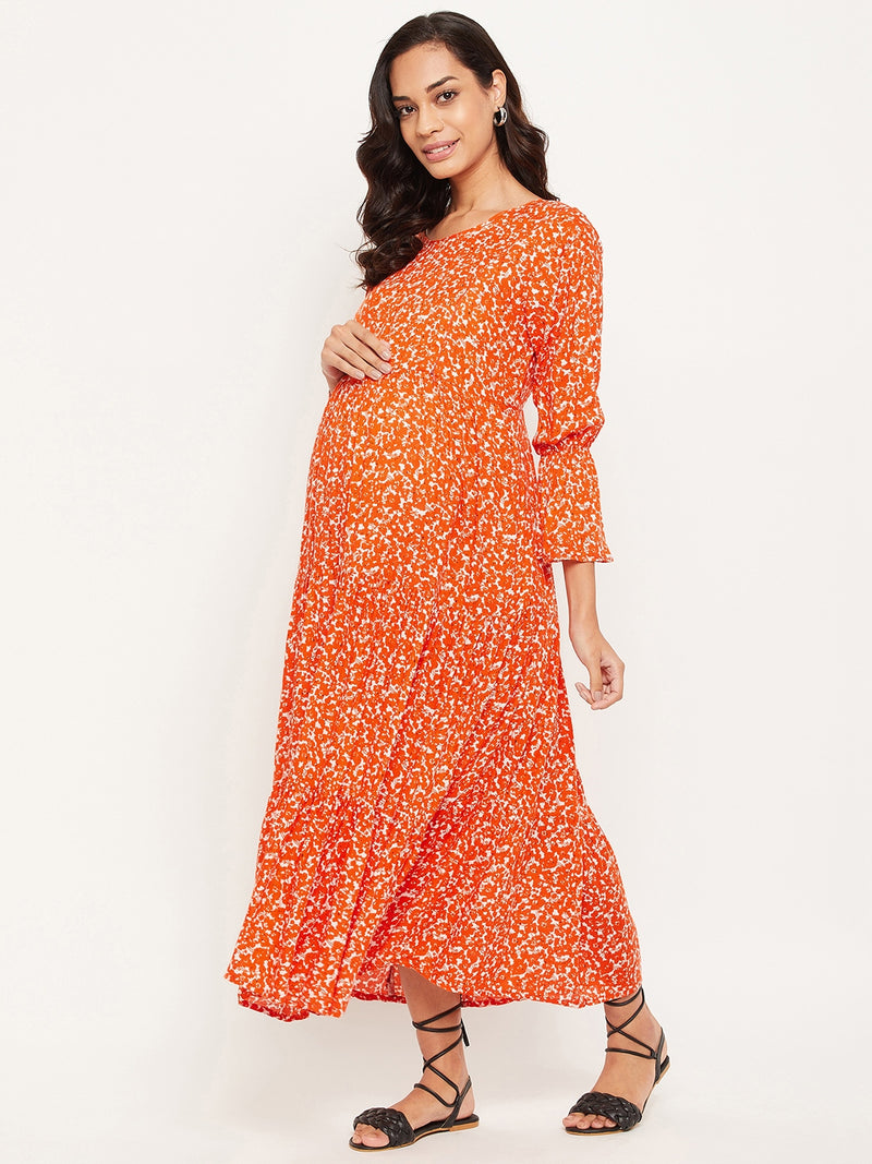 Orange Printed Maternity Dress for Women