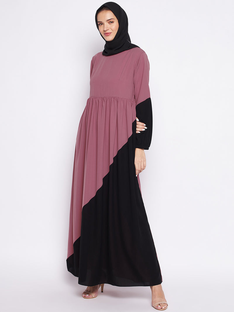 Puce Pink & Black Nida Matte Fabric Abaya For Women With Georgette Scarf