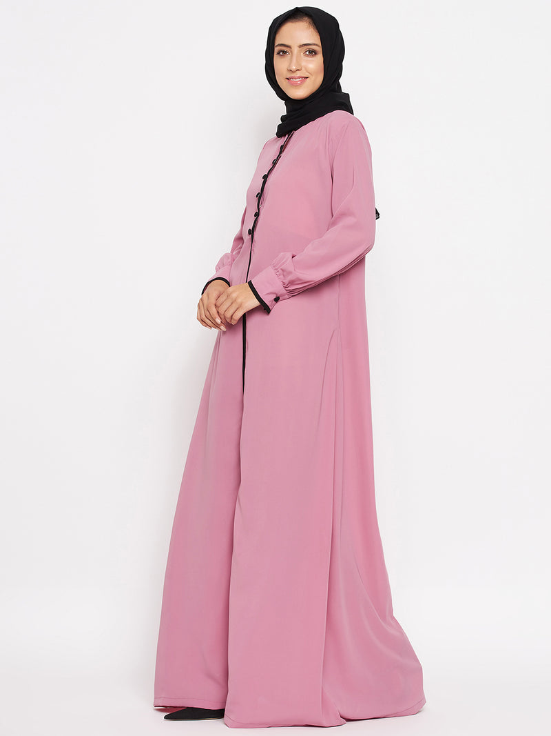 Nabia Women Fuse Pink Solid Piping Design Abaya Burqa With Georgette Scarf