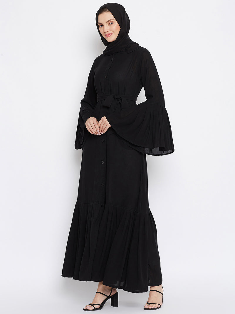 Nabia Women Black Solid Nida Plated Front Open Abaya With Georgette Scarf