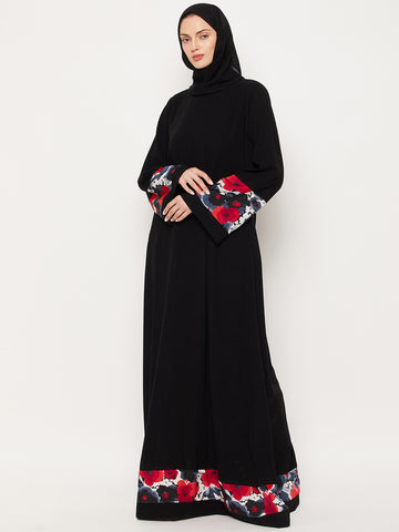 Nabia Black & Red Design Nida Matte Fabric Abaya With Georgette Scarf