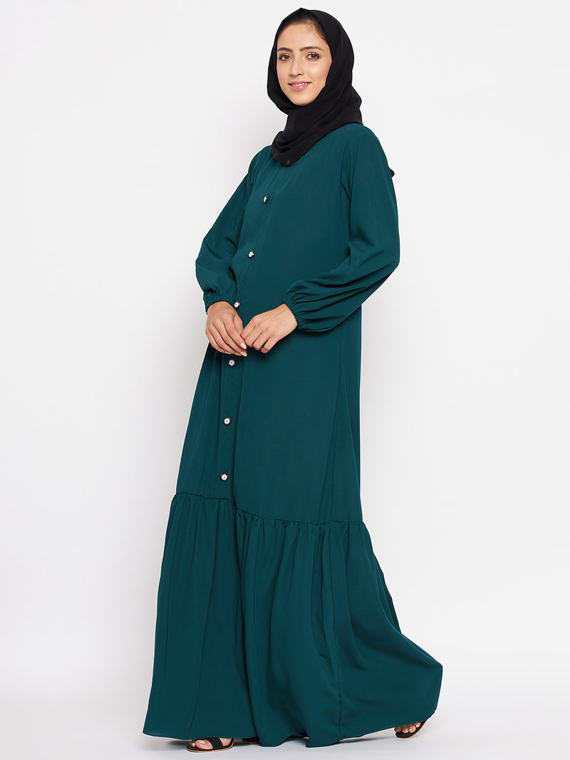 Nabia Women Bottle Green Solid Frill Abaya Burqa With Georgette Scarf