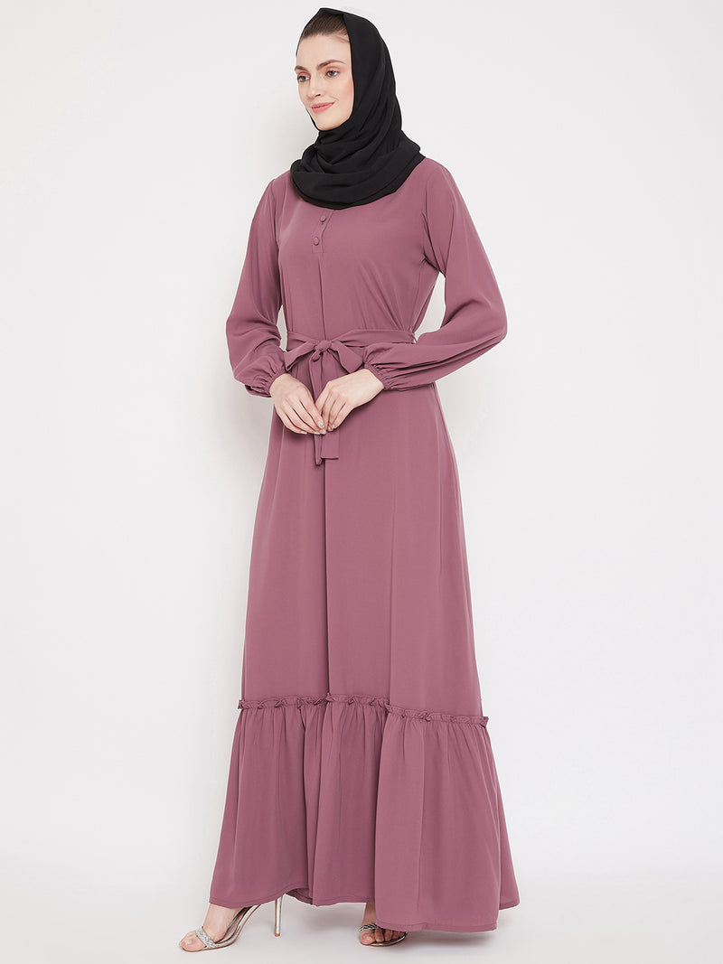 Nabia Puse Pink Solid Frill Abaya Dress for Women with Georgette Scarf