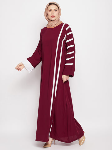 Nabia Women Maroon & White A-line Abaya Burqa with Black Georgette Scarf