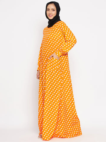 Nabia Women Yellow Polka Crepe Abaya Dress With Georgette Scarf