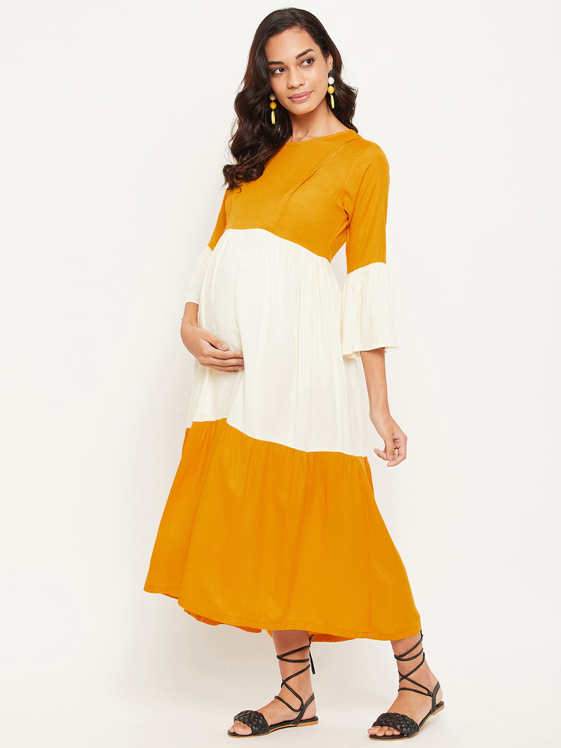 Yellow & White Solid Maternity Dress for Women
