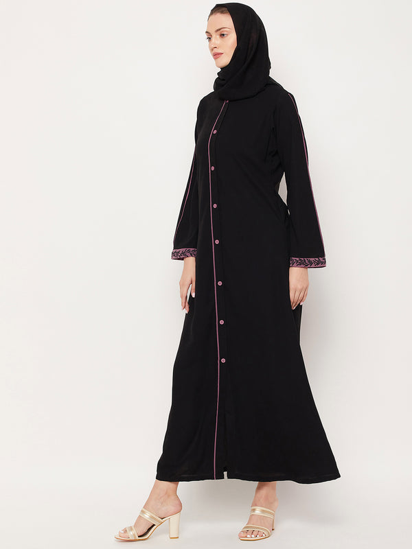 Nabia Black Front Open Embroidery Work Women Abaya With Georgette Scarf