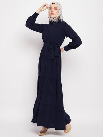 Nabia Women Blue Solid Frilled Nida Matte Fabric Abaya Burqa With Black Georgette Scarf