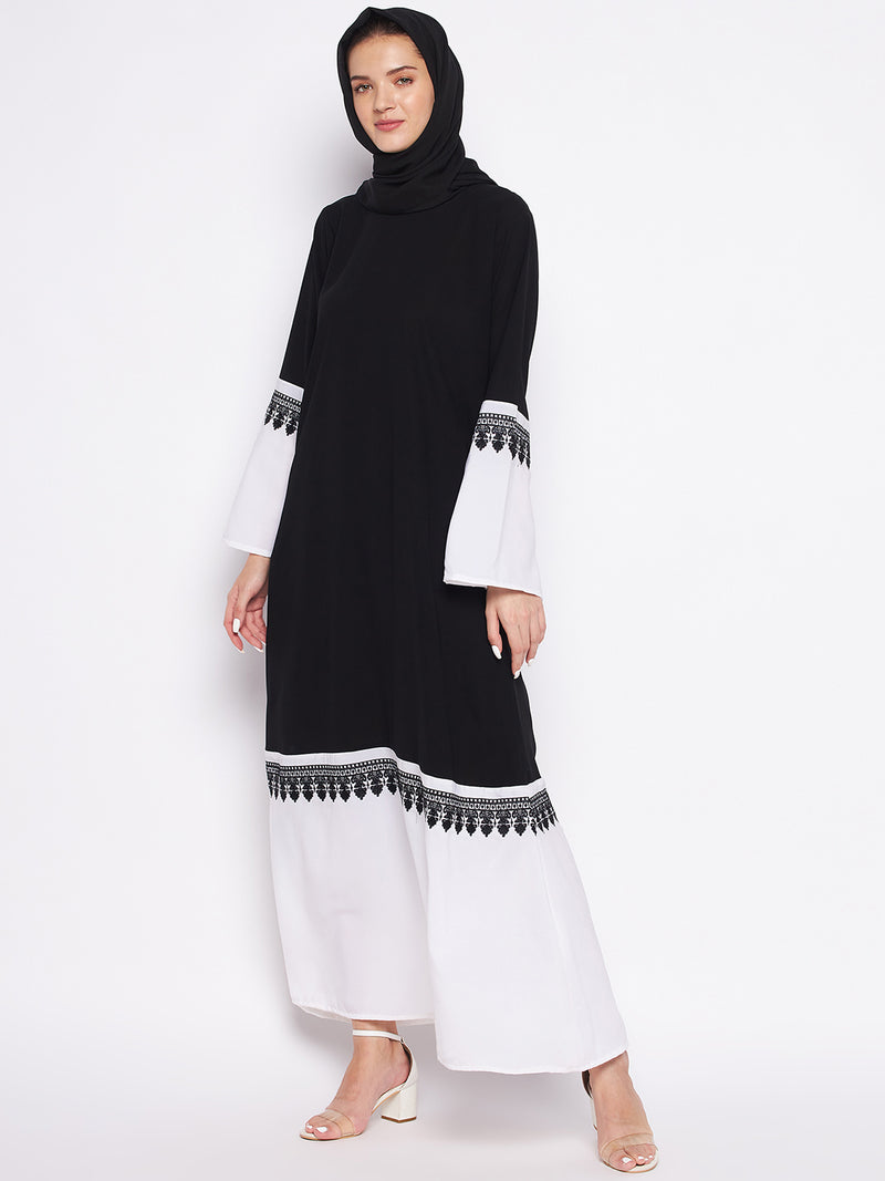 Nabia Black & White Nida Matte Fabric Abaya For Women With Georgette Scarf