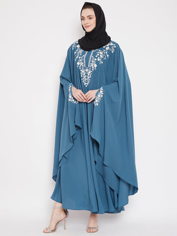 Nabia Women Sky Blue Irani Kaftan Abaya Enhanced With Chikan Hand Embroidered With Georgette Scarf