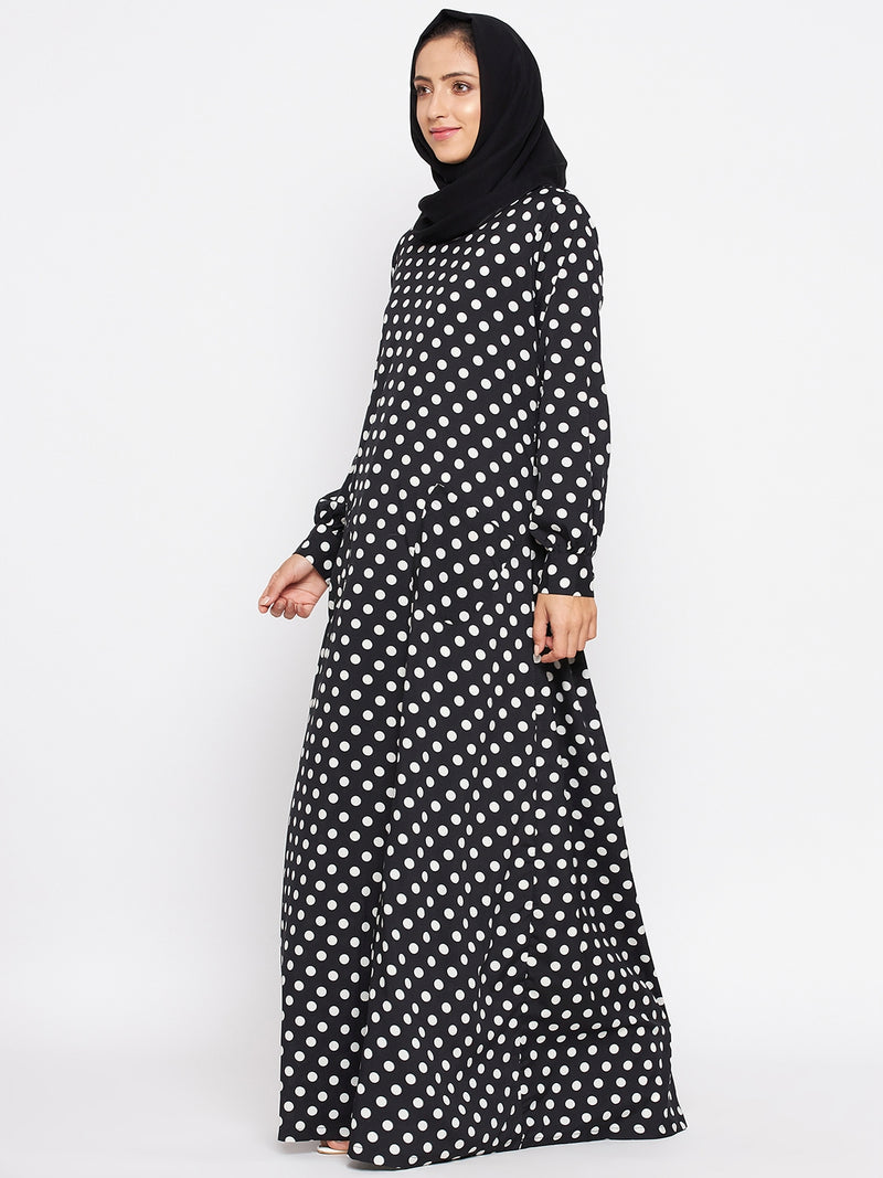 Nabia Women Black Polka Crepe Abaya Dress With Georgette Scarf