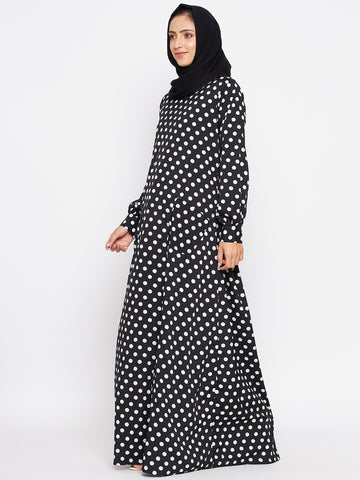 Nabia Women Black Polka Crepe Abaya Dress With Georgette Scarf