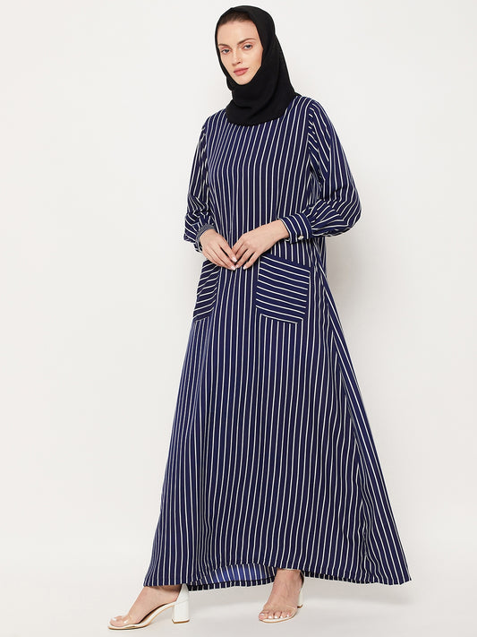 Nabia Blue Striped Women Abaya with Georgette Scarf