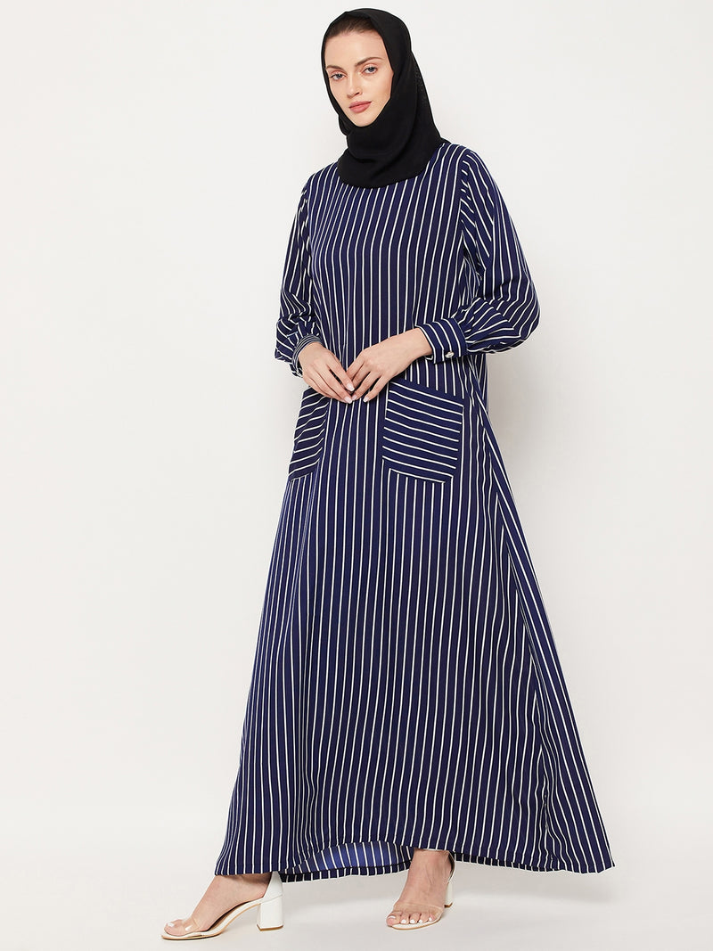 Nabia Blue Striped Crape Women Abaya With Georgette Scarf
