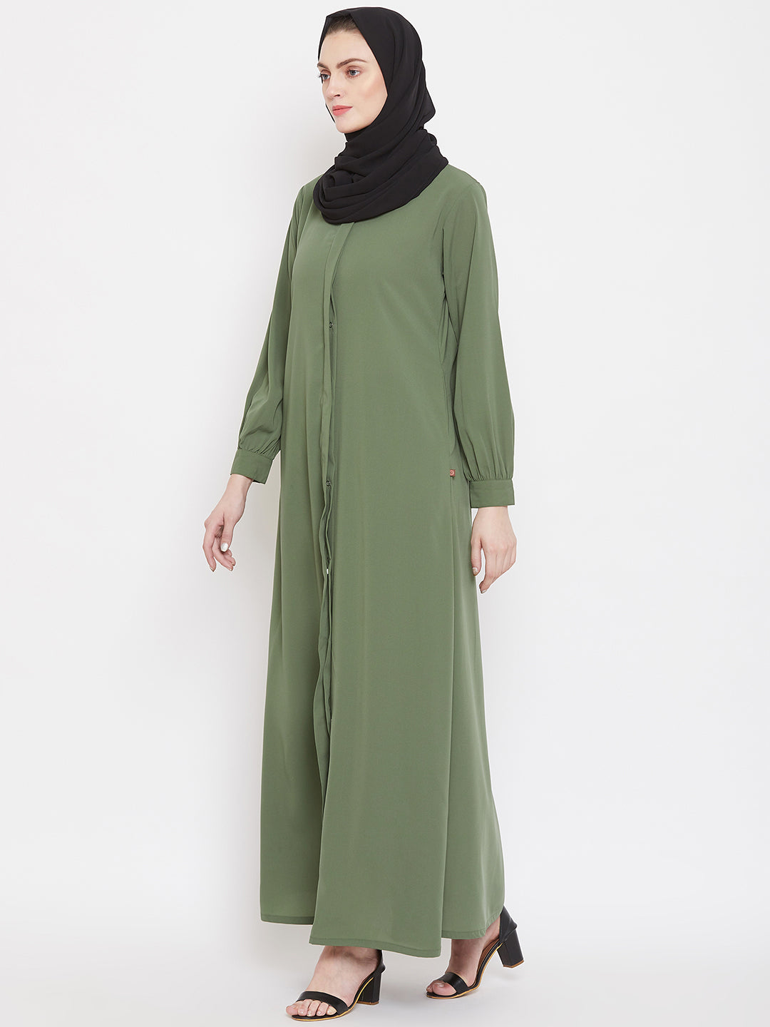Nabia Women Jade Green Solid Front Open Abaya with Georgette Scarf