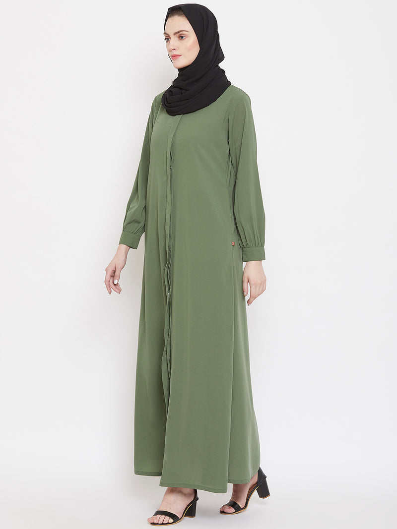 Nabia Women Jade Green Solid Front Open Abaya With Georgette Scarf