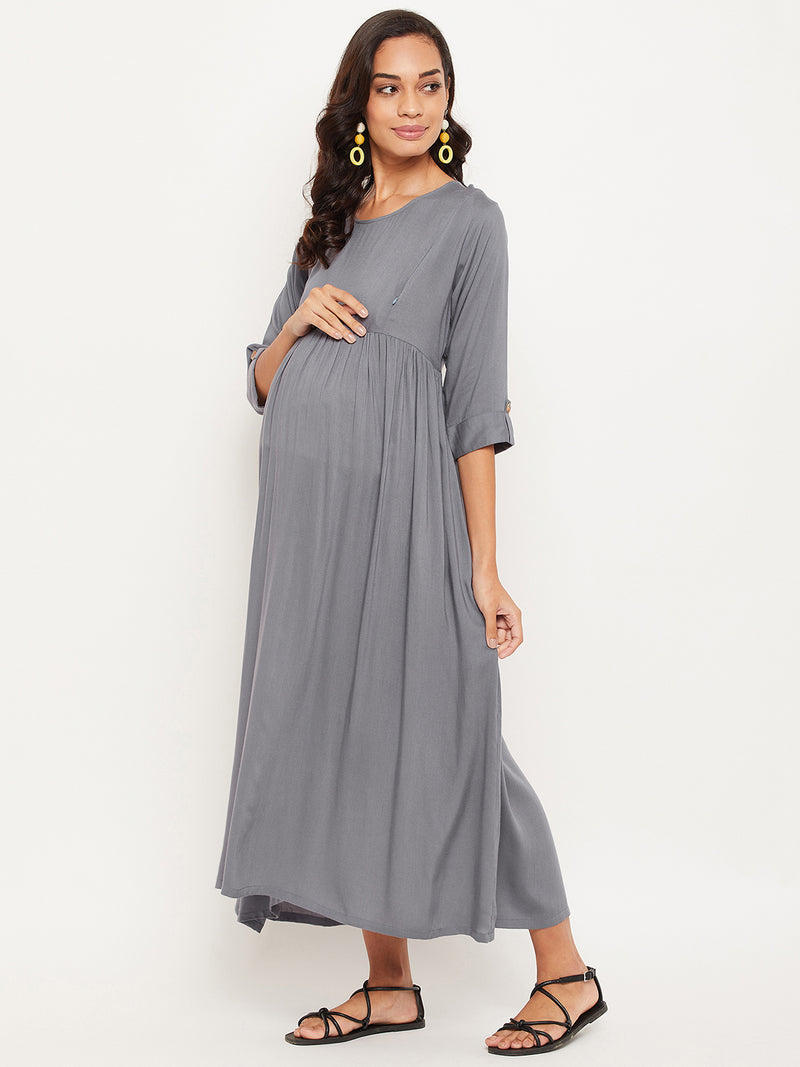 Grey Solid Maternity Dress for Women